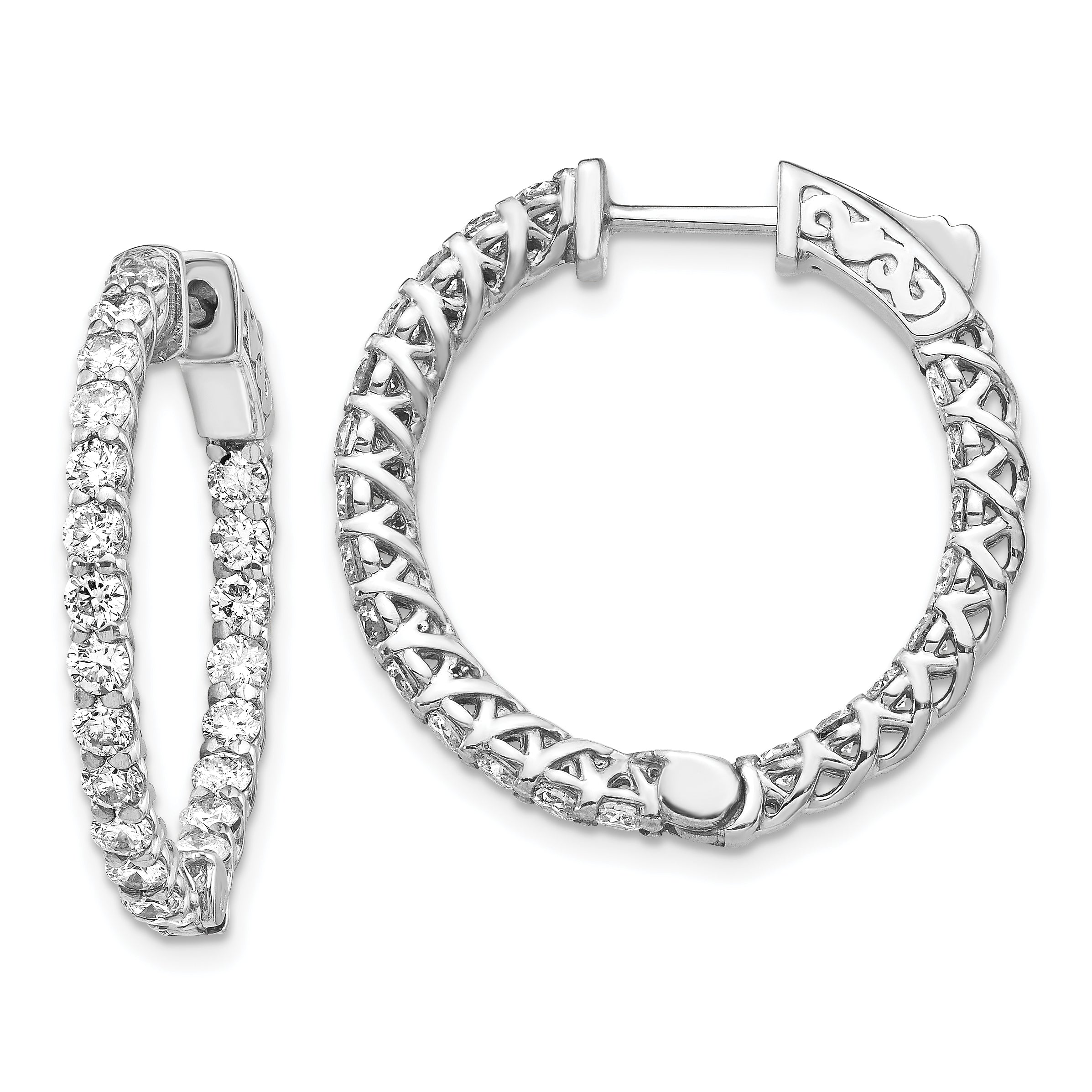 14k White Gold Diamond Round Hoop w/Safety Clasp Earrings