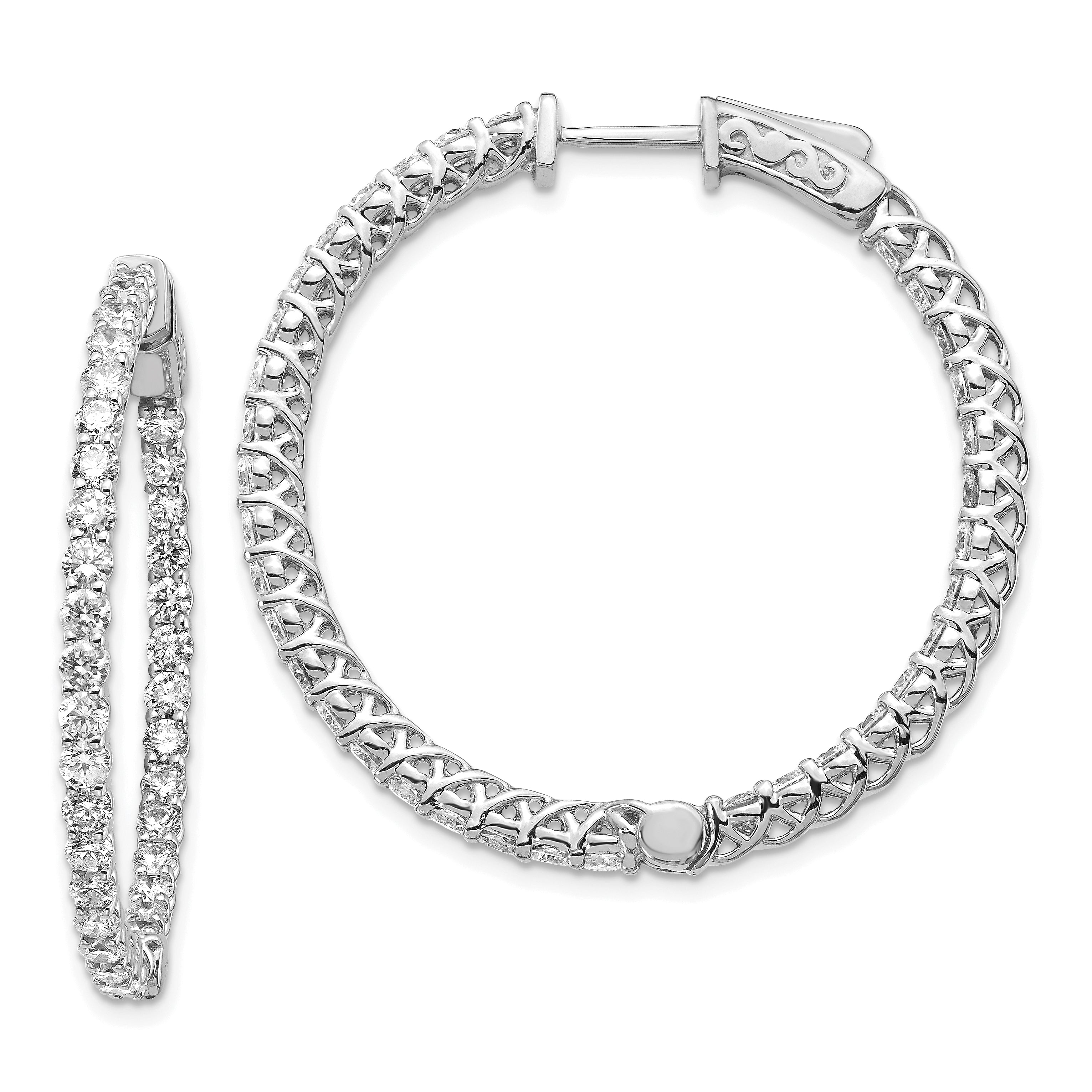 14k White Gold Diamond Round Hoop w/Safety Clasp Earrings