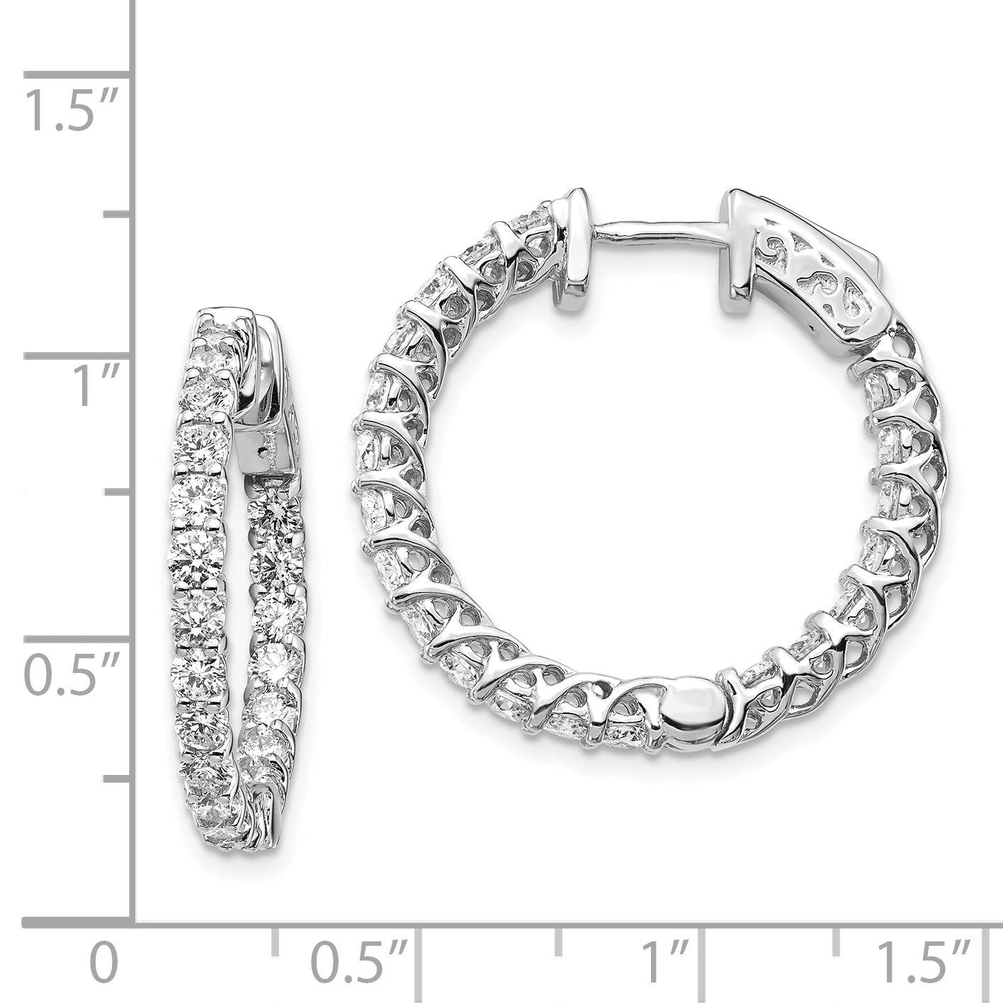 14k White Gold Diamond Round Hoop w/Safety Clasp Earrings