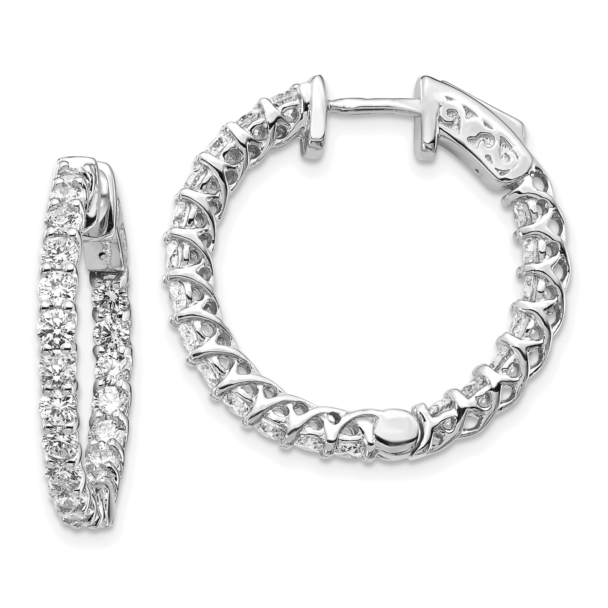 14k White Gold Diamond Round Hoop w/Safety Clasp Earrings