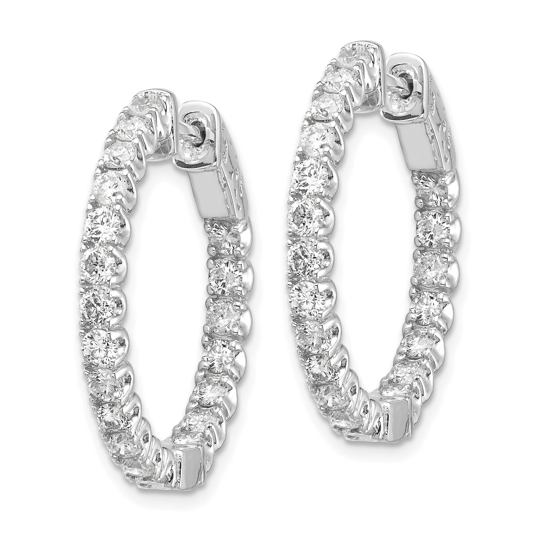 14k White Gold Diamond Round Hoop w/Safety Clasp Earrings