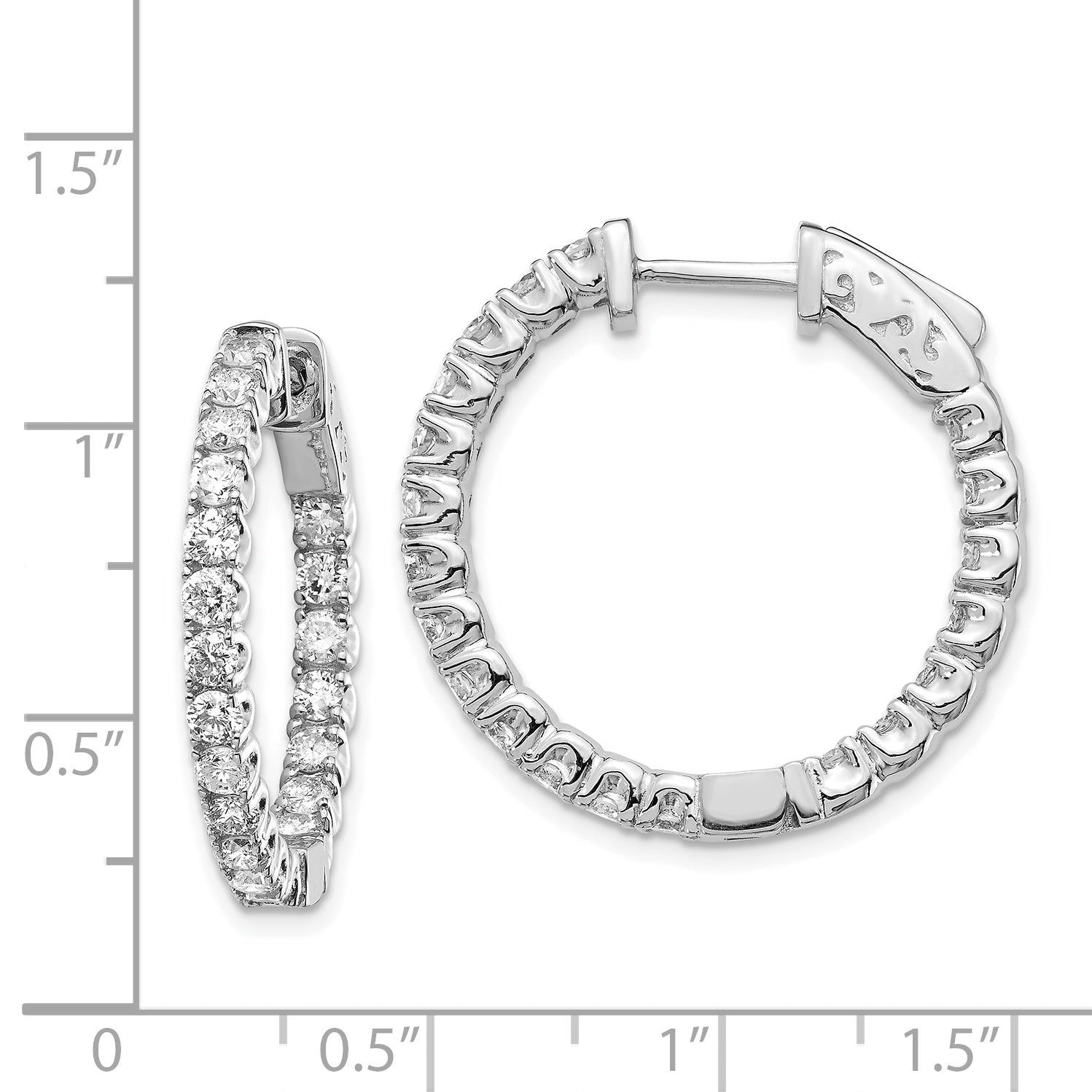 14k White Gold Diamond Round Hoop w/Safety Clasp Earrings