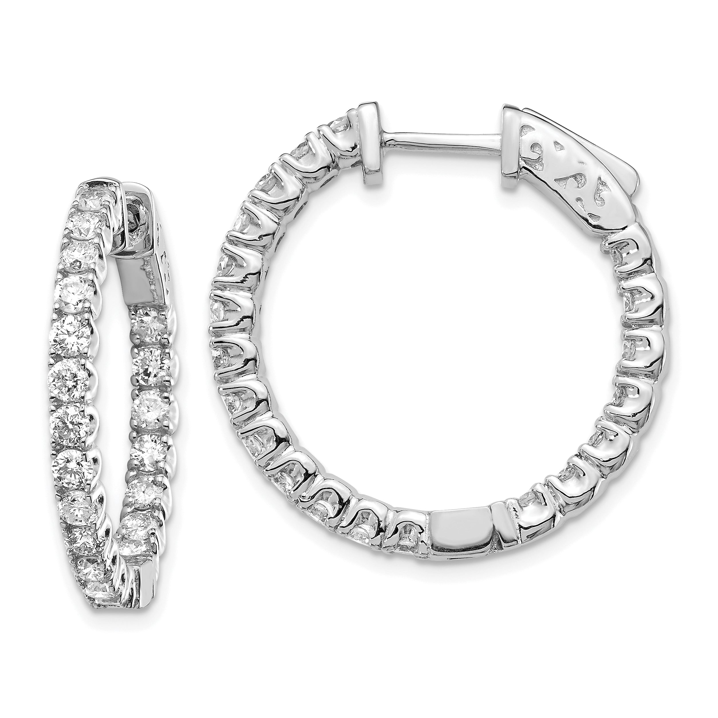 14k White Gold Diamond Round Hoop w/Safety Clasp Earrings