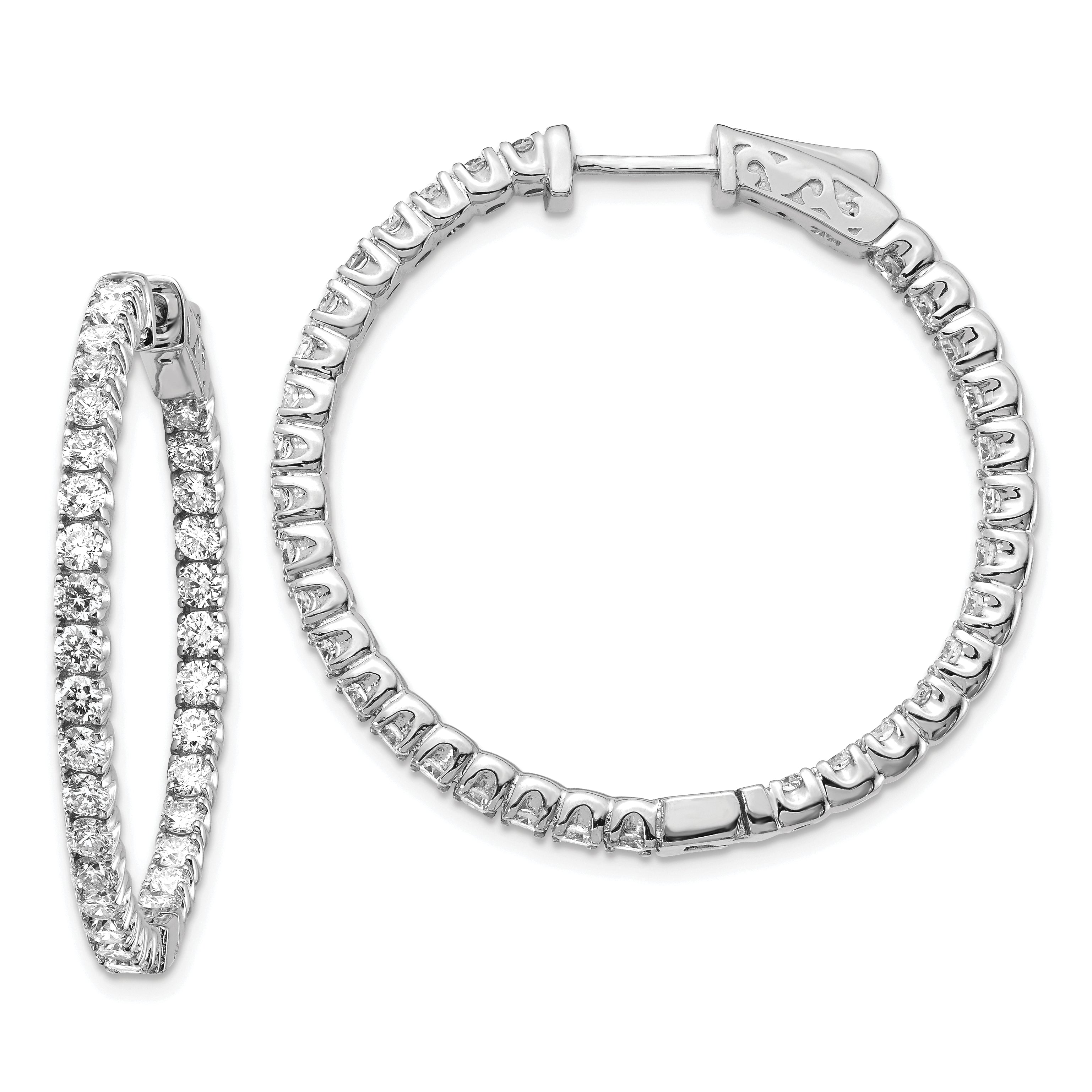 14k White Gold Diamond Round Hoop w/Safety Clasp Earrings