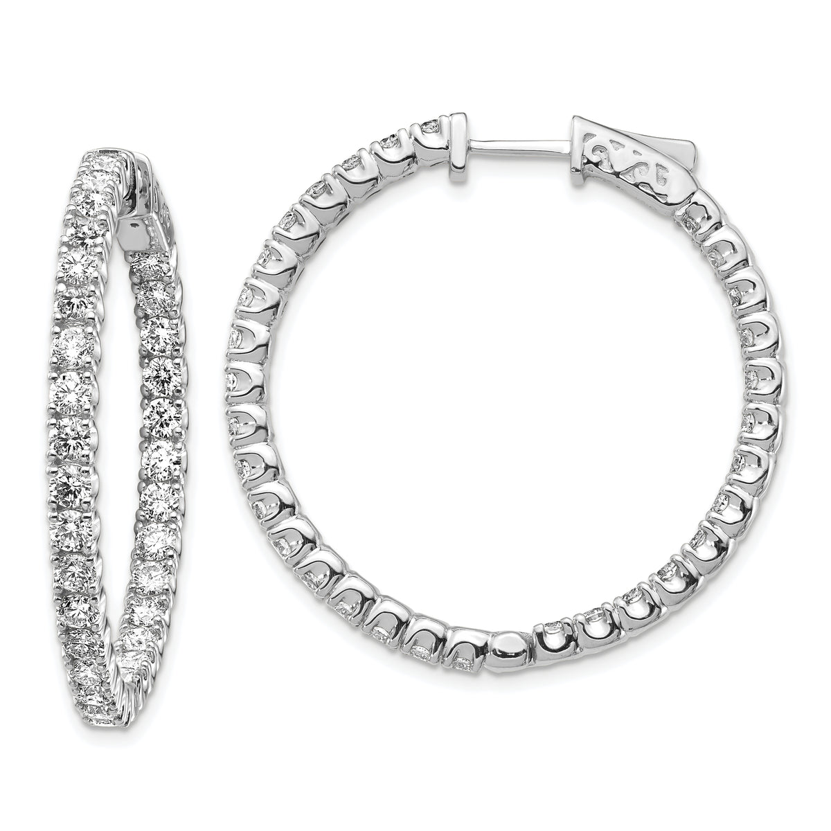 14k White Gold Diamond Round Hoop w/Safety Clasp Earrings