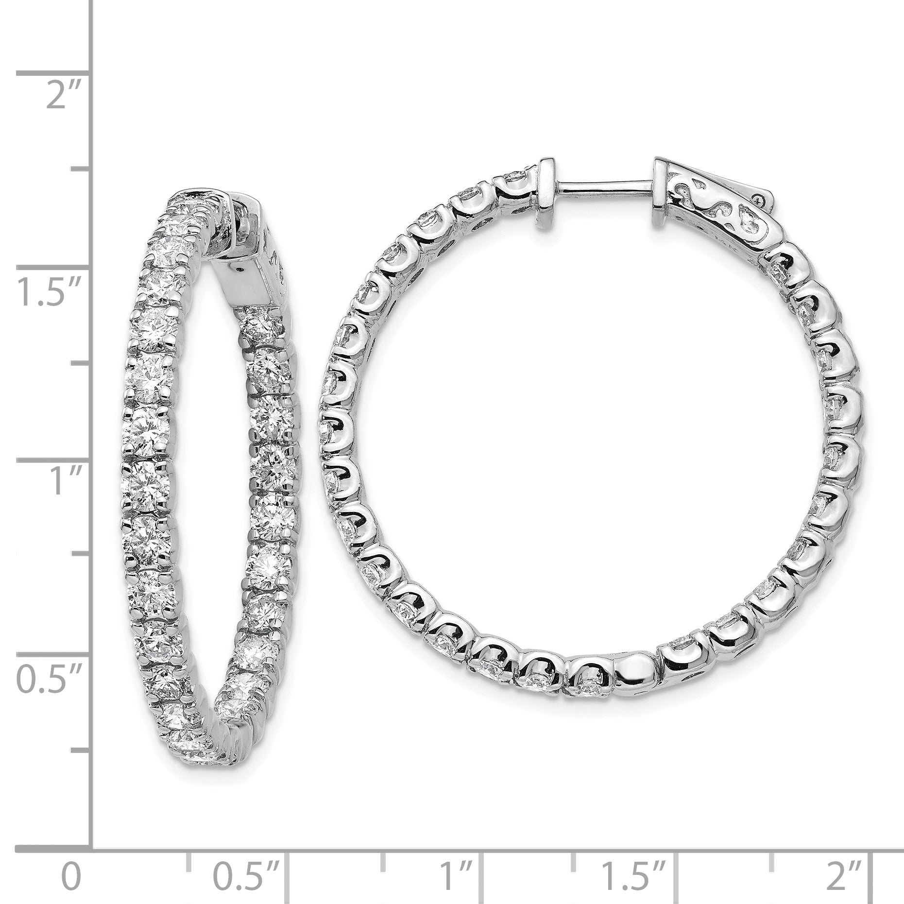 14k White Gold Diamond Round Hoop w/Safety Clasp Earrings