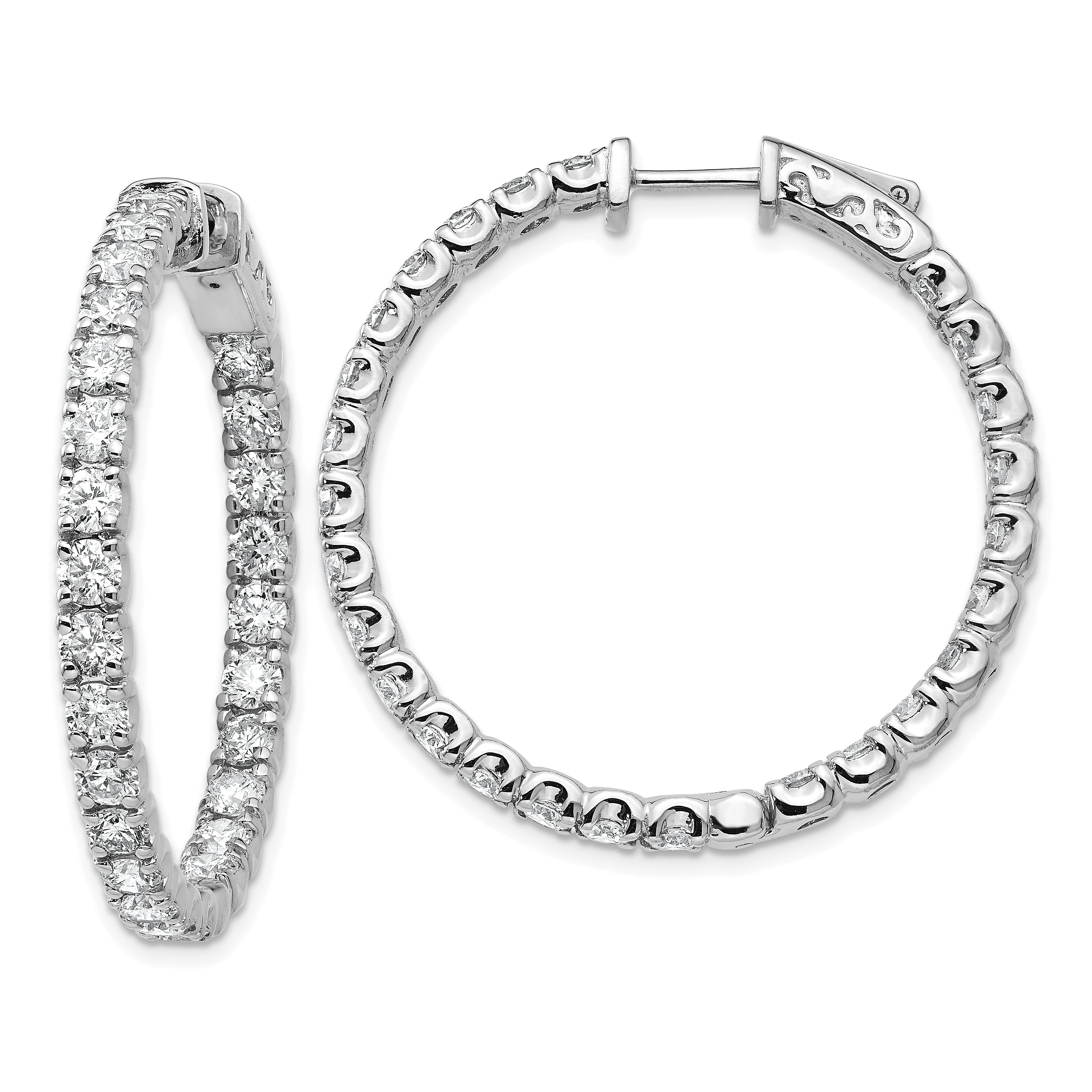 14k White Gold Diamond Round Hoop w/Safety Clasp Earrings