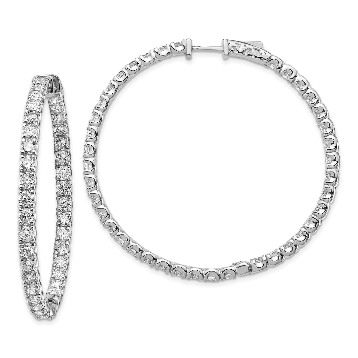 14k White Gold Diamond Round Hoop w/Safety Clasp Earrings