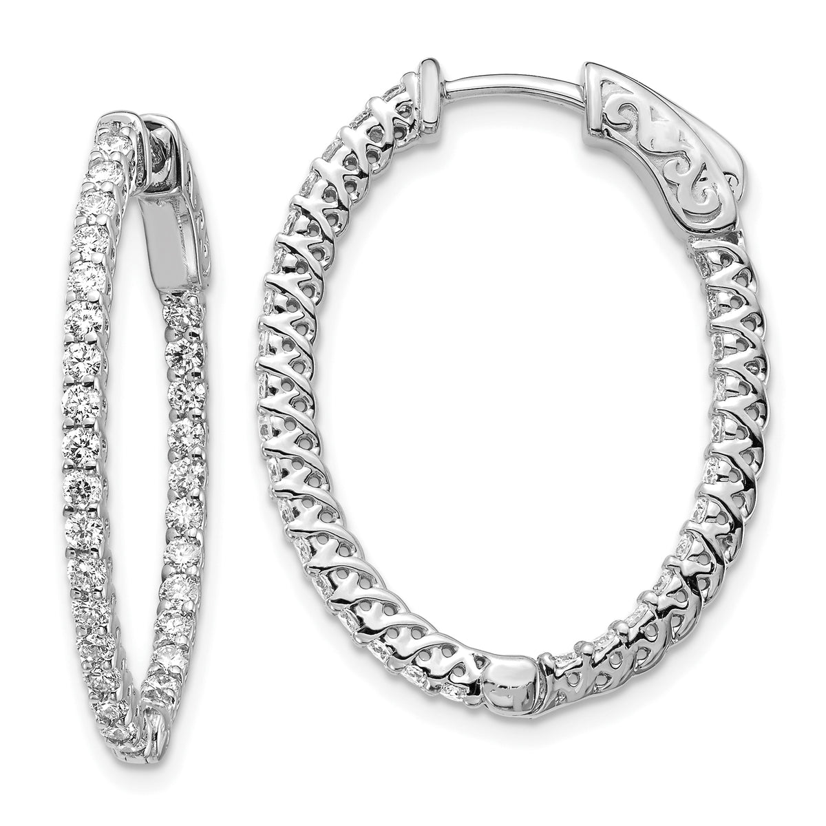 14k White Gold Diamond Oval Hoop w/Safety Clasp Earrings