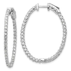 14k White Gold Diamond Oval Hoop w/Safety Clasp Earrings