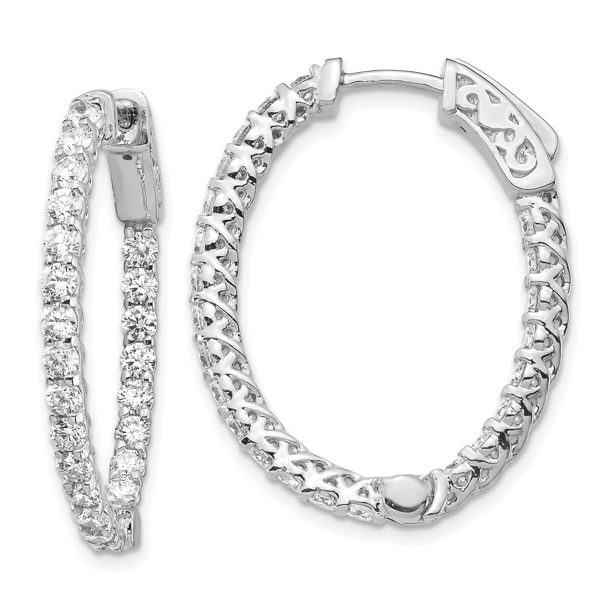 14k White Gold Diamond Oval Hoop w/Safety Clasp Earrings