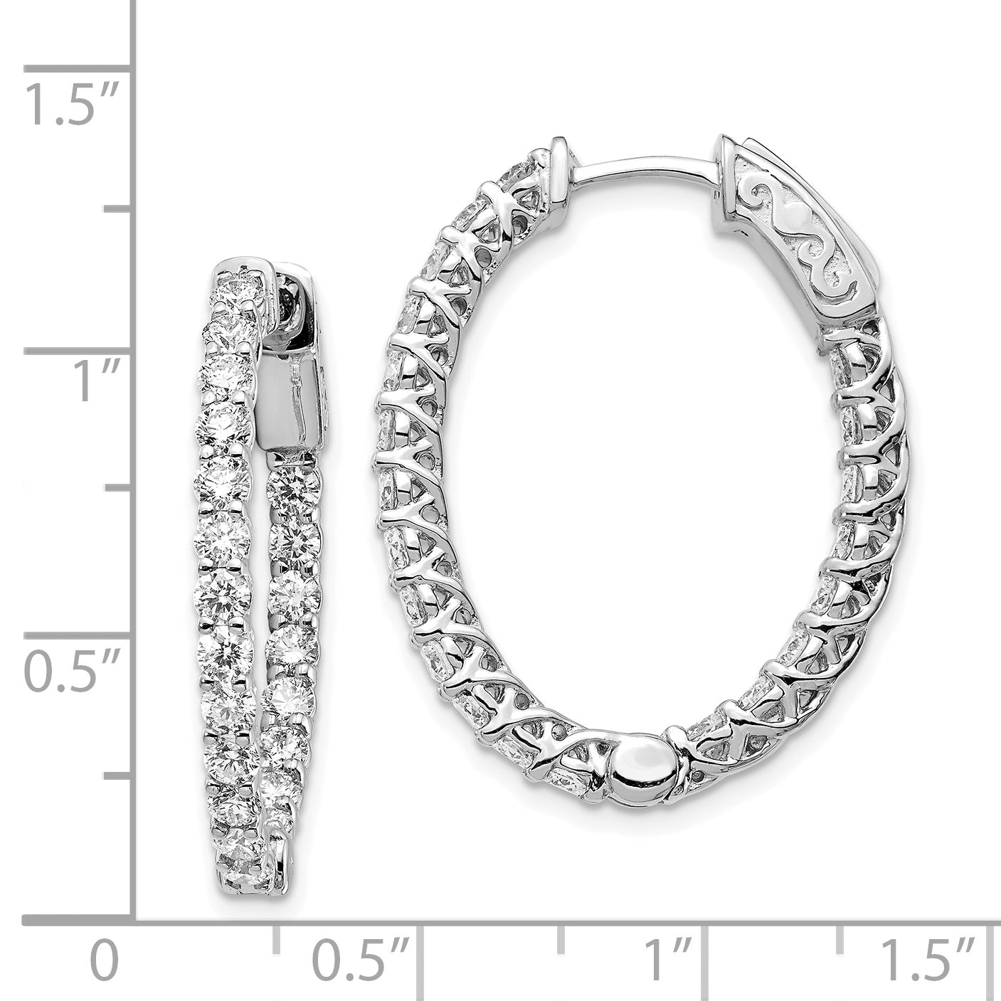 14k White Gold Diamond Oval Hoop w/Safety Clasp Earrings