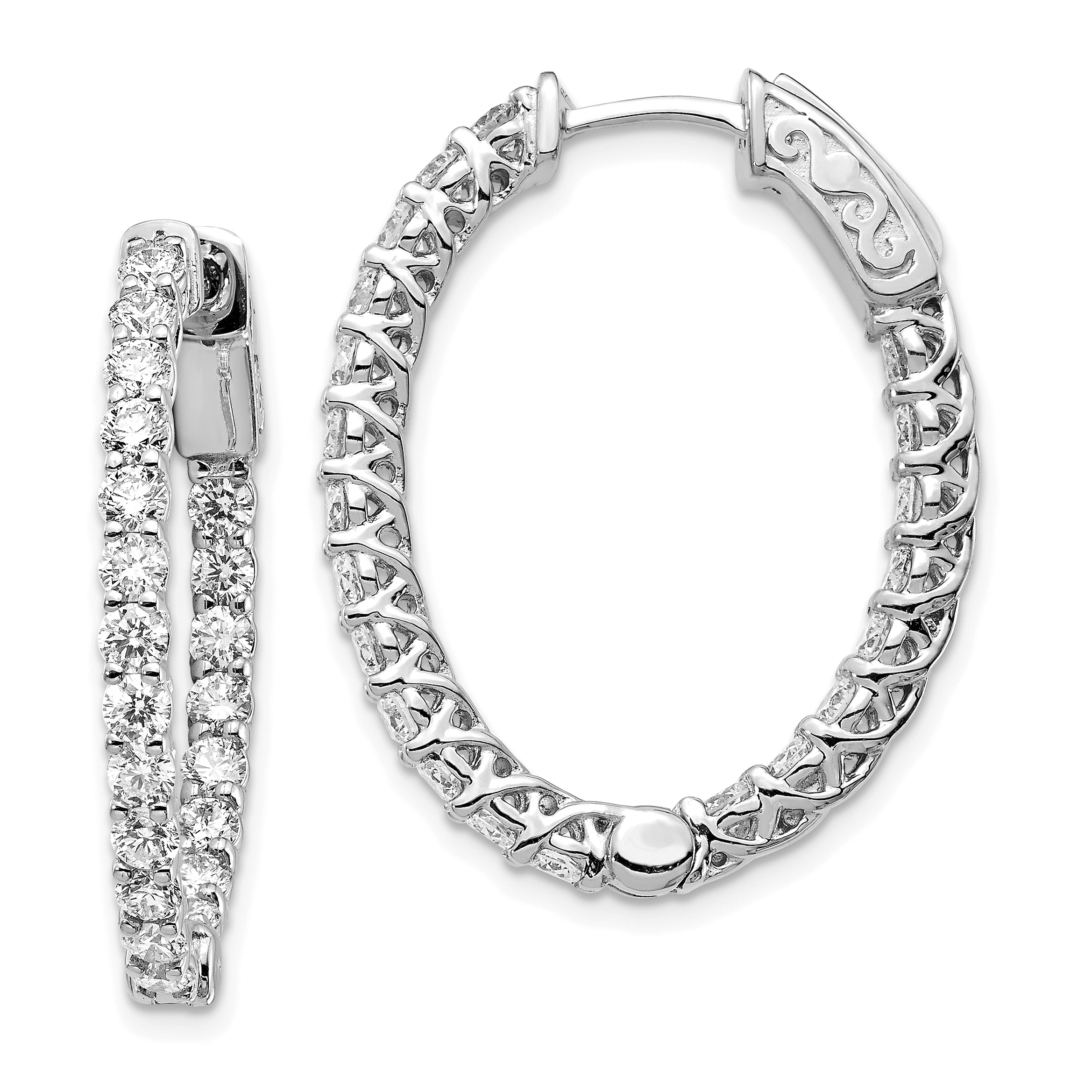 14k White Gold Diamond Oval Hoop w/Safety Clasp Earrings