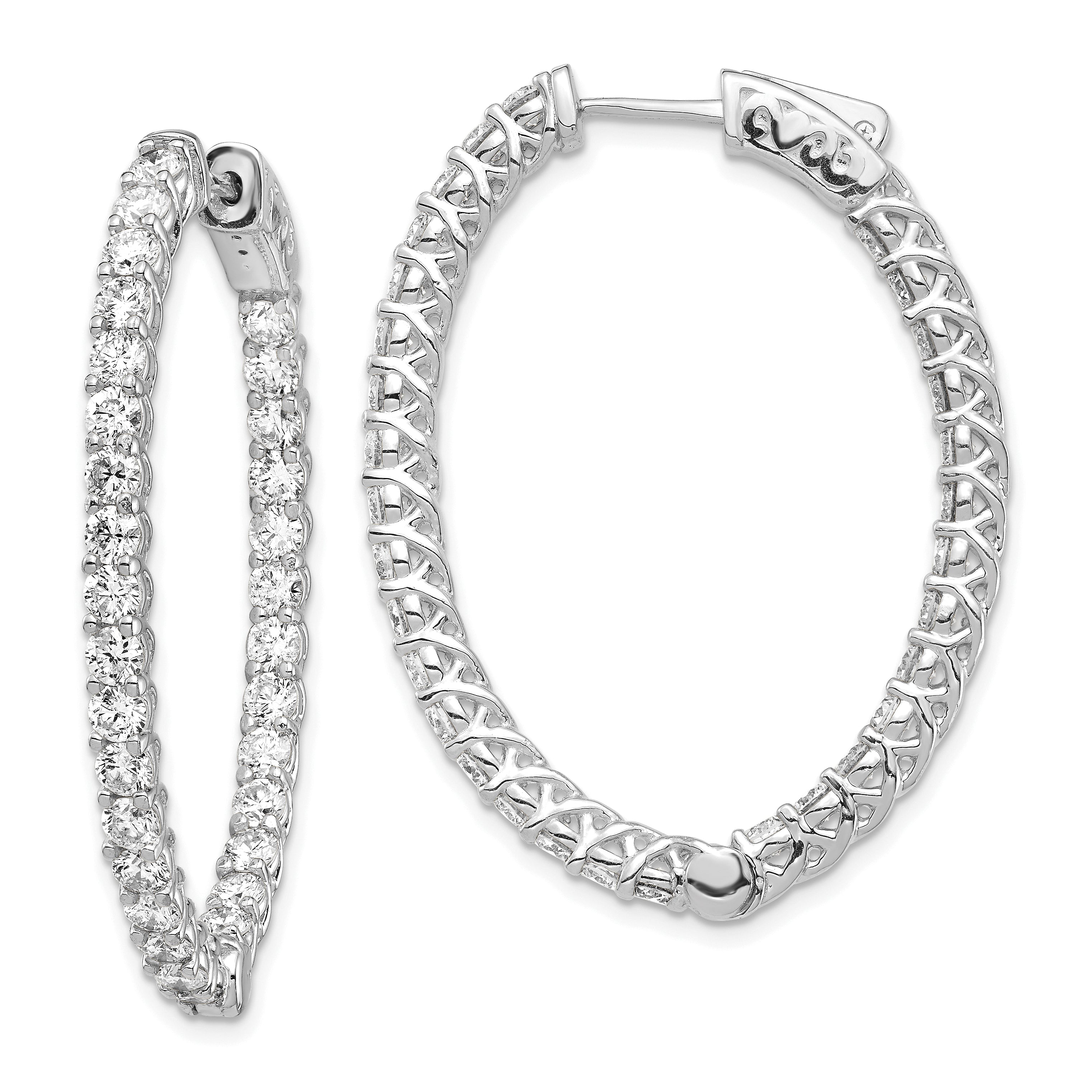 14k White Gold Diamond Oval Hoop w/Safety Clasp Earrings