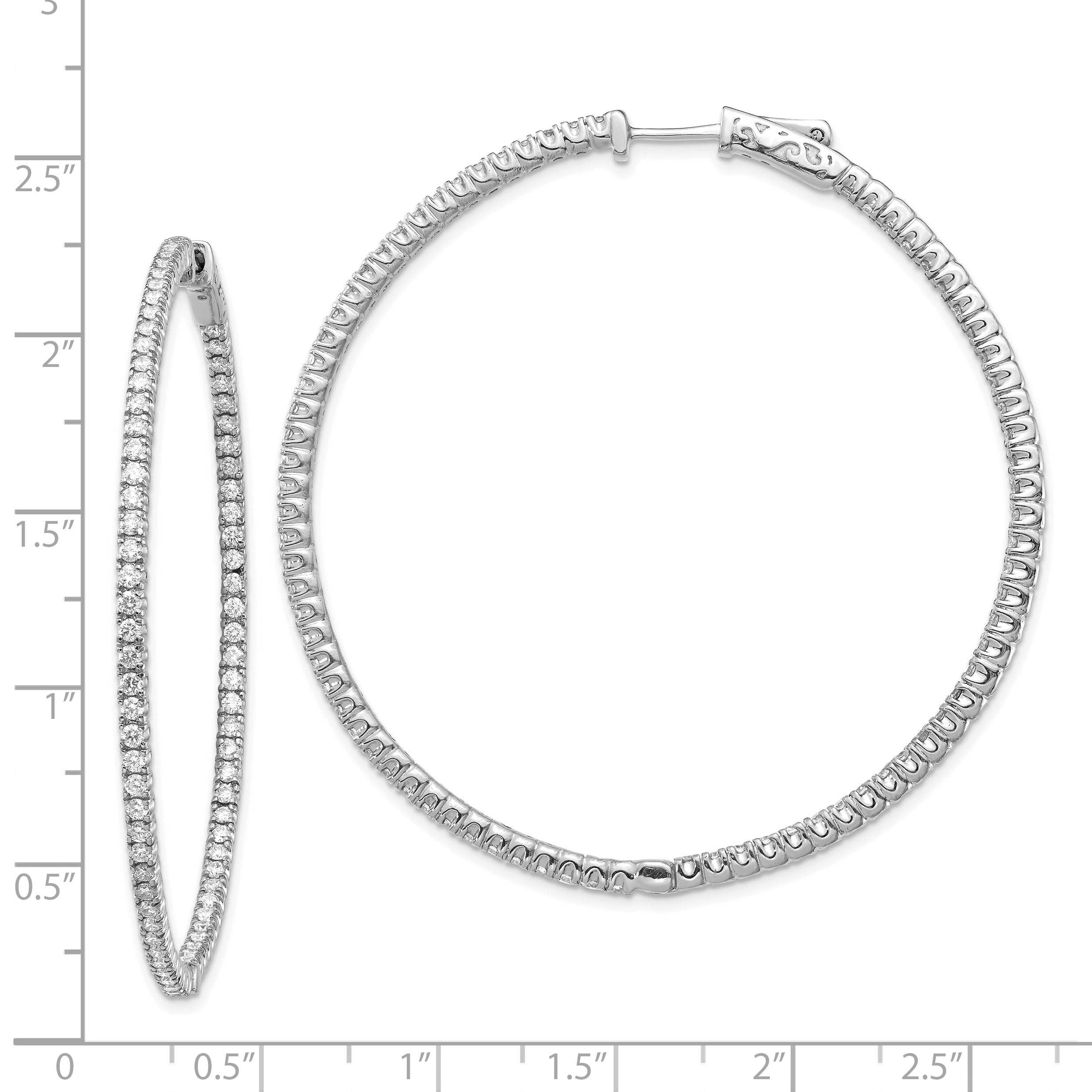 14k White Gold Diamond Round Hoop w/Safety Clasp Earrings