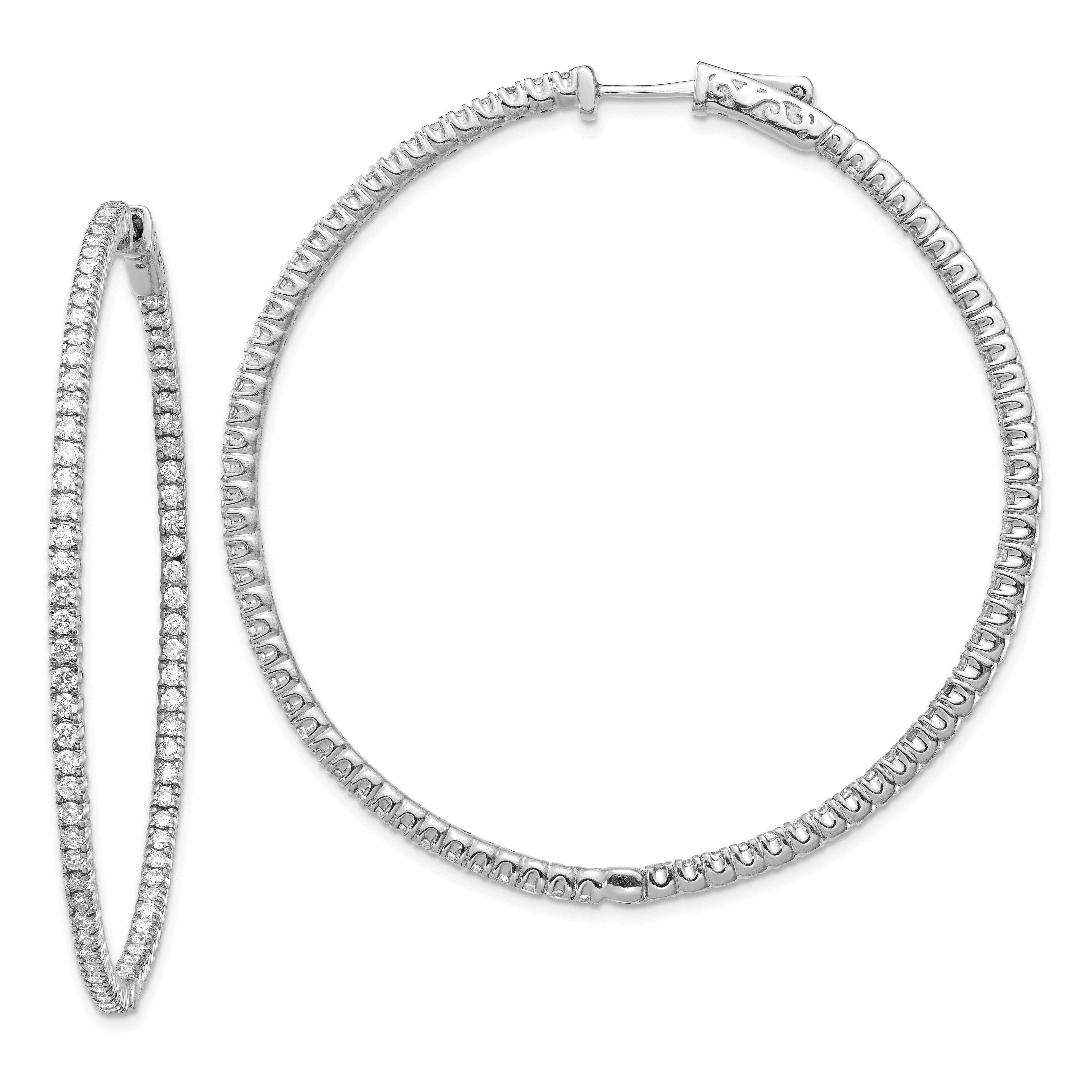 14k White Gold Diamond Round Hoop w/Safety Clasp Earrings