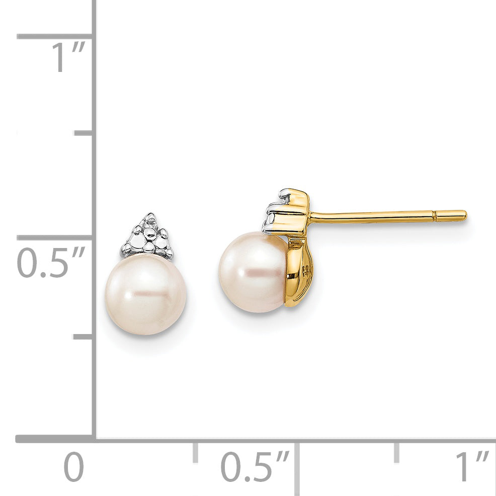 14k 5-6mm White Round FWC Pearl .01ct Diamond Post Earrings