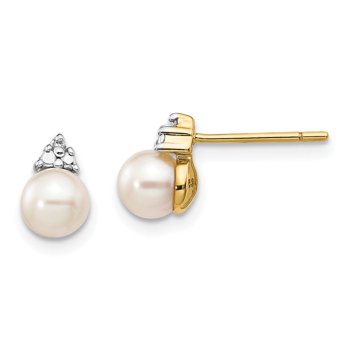 14k 5-6mm White Round FWC Pearl .01ct Diamond Post Earrings