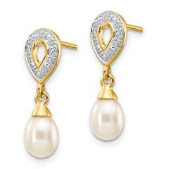 14k 7x5mm White Teardrop FWC Pearl .01ct Diamond Dangle Earrings