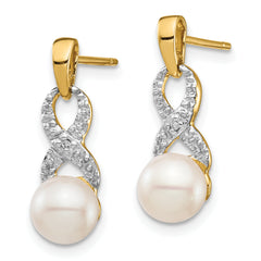 14k 6-7mm White Round FWC Pearl .01 Diamond Dangle Earrings