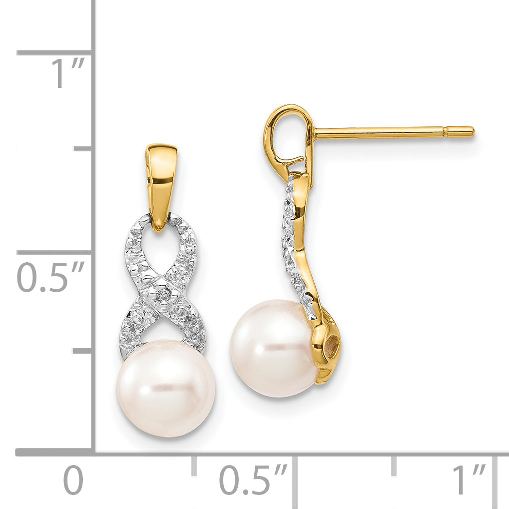 14k 6-7mm White Round FWC Pearl .01 Diamond Dangle Earrings