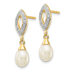 14k 7x5mm White Teardrop FWC Pearl .01ct Diamond Dangle Earrings