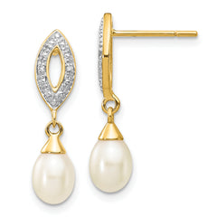 14k 7x5mm White Teardrop FWC Pearl .01ct Diamond Dangle Earrings