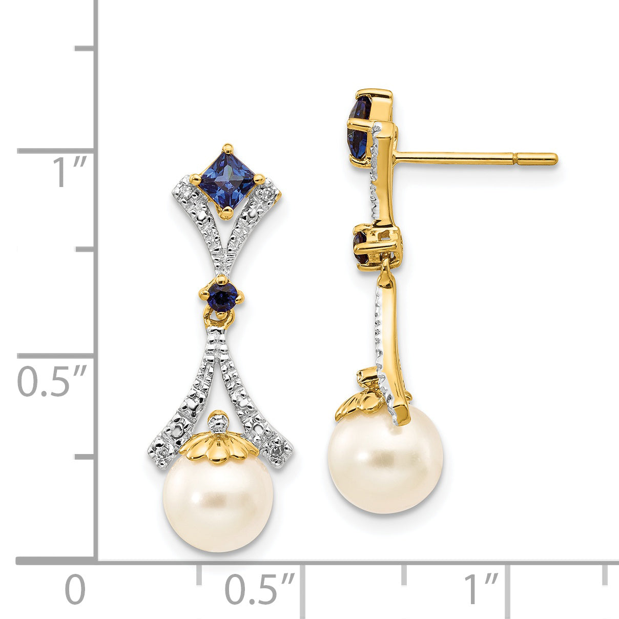 14k 7-8mm FWC Pearl Created Sapphire Diamond Dangle Post Earrings