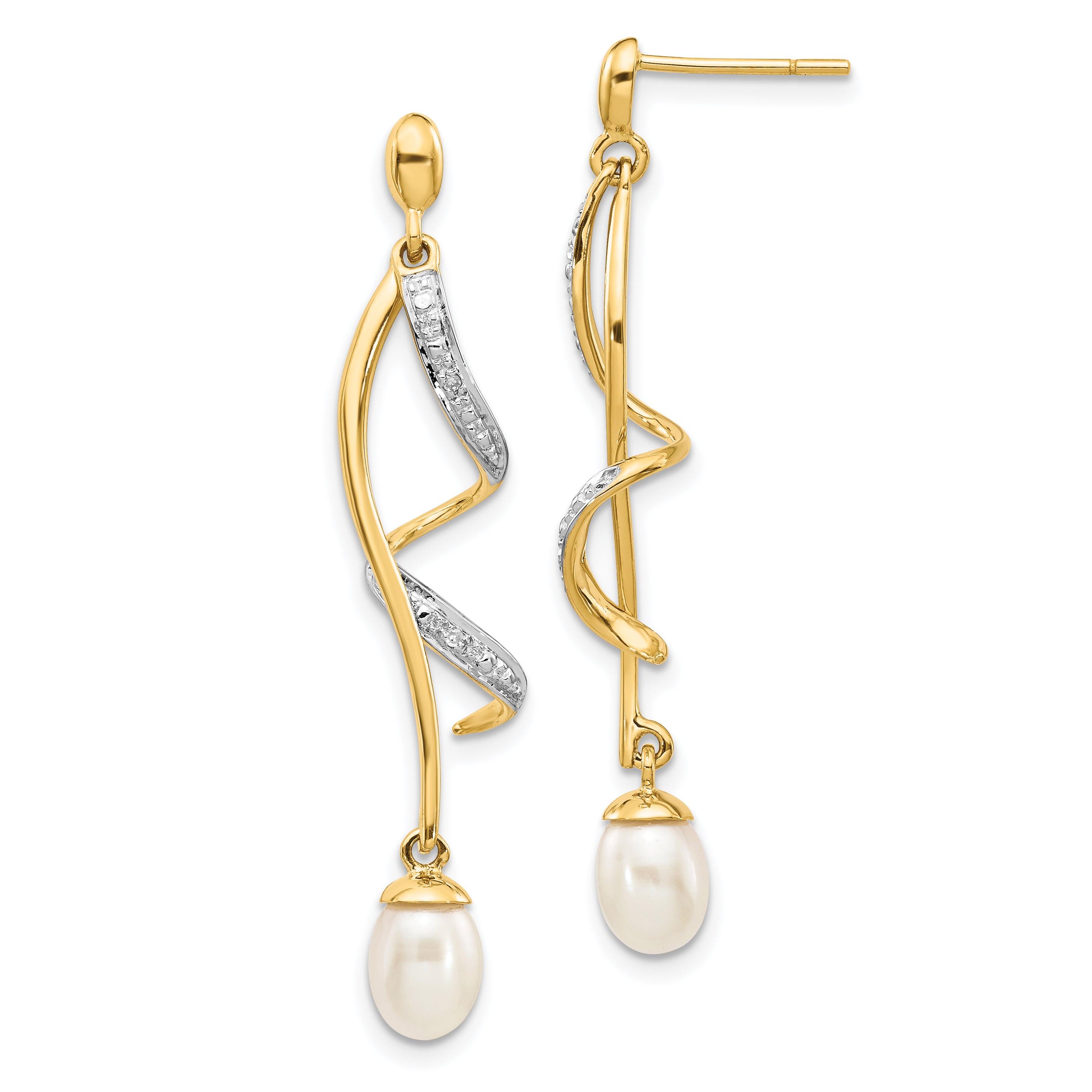 14k 7x5mm White Teardrop FWC Pearl .01ct Diamond Dangle Earrings