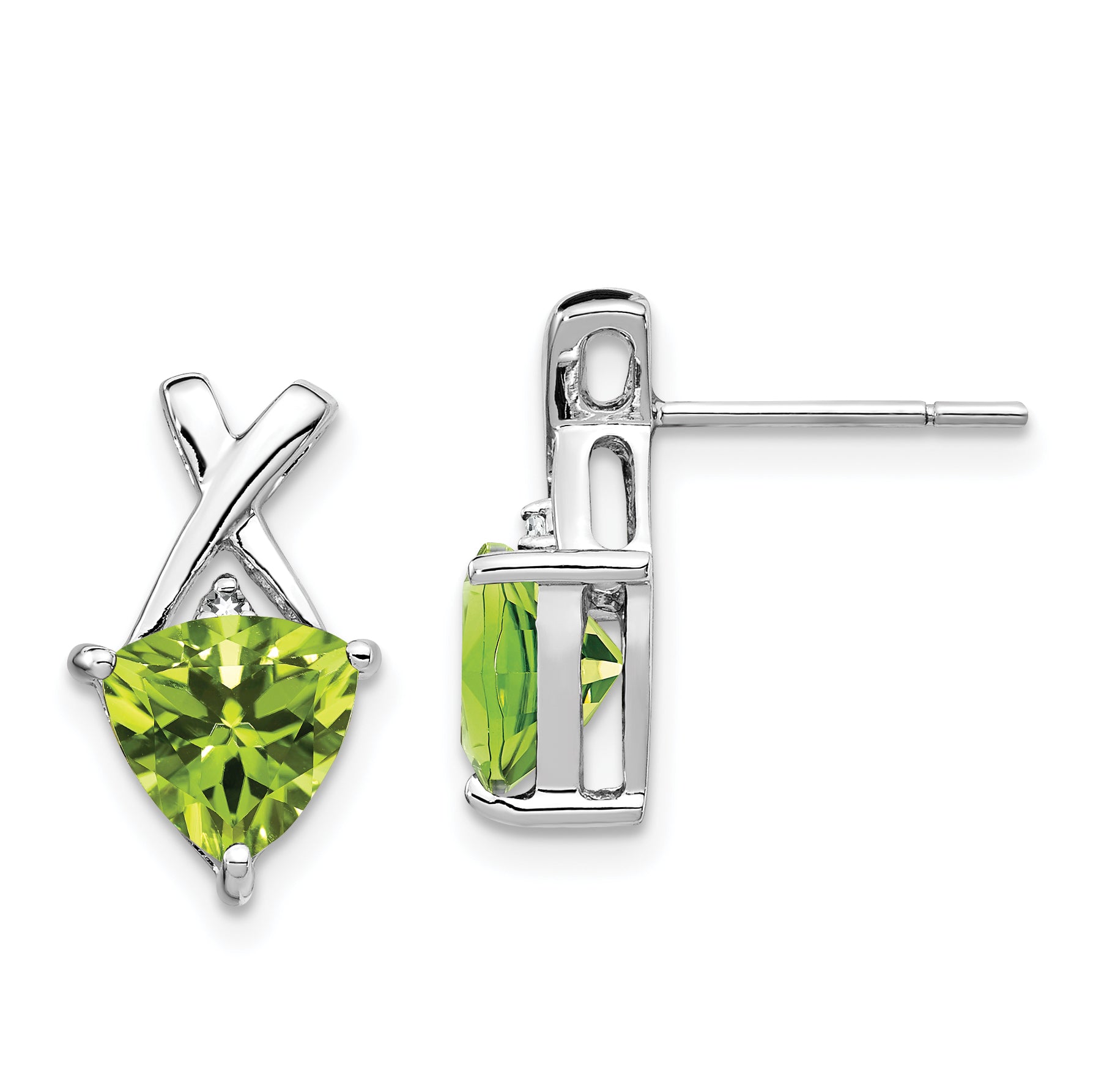 14k White Gold Peridot and White Topaz Trillion Post Earrings