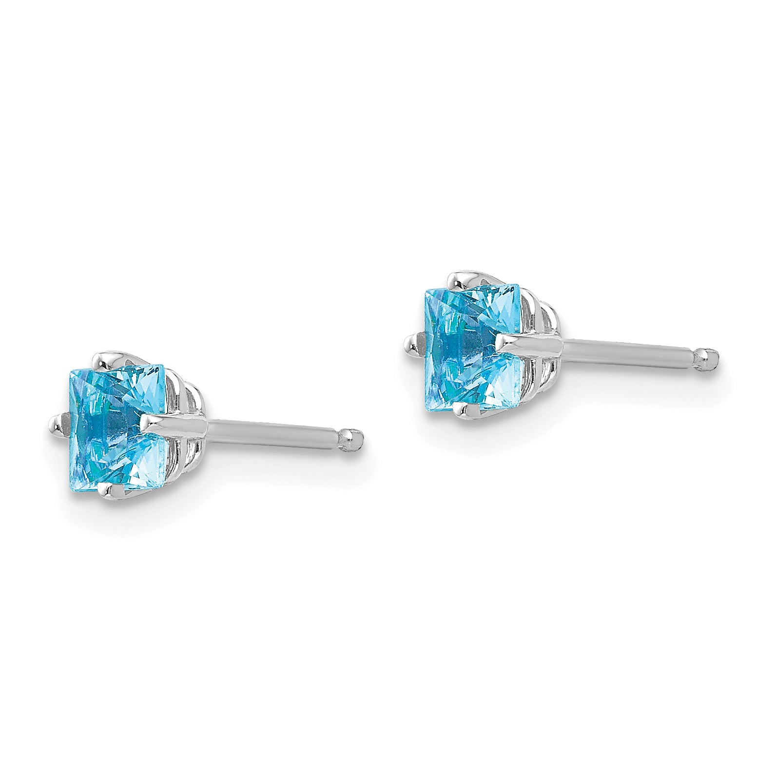 14k White Gold 4mm Princess Cut Blue Topaz Earrings