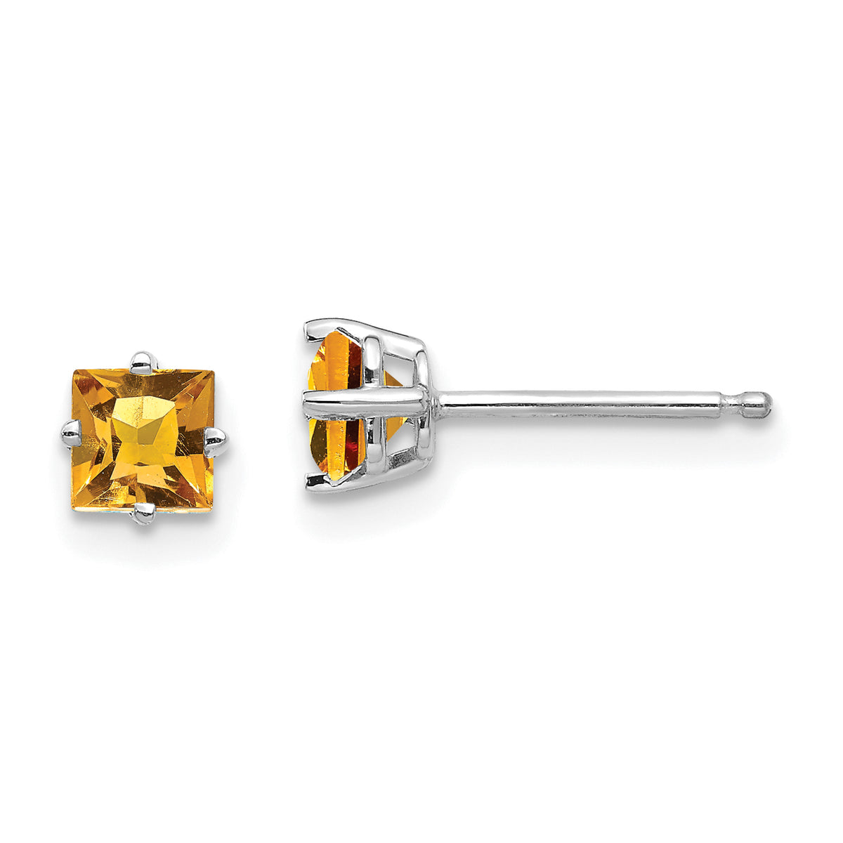 14k White Gold 4mm Princess Cut Citrine Earrings