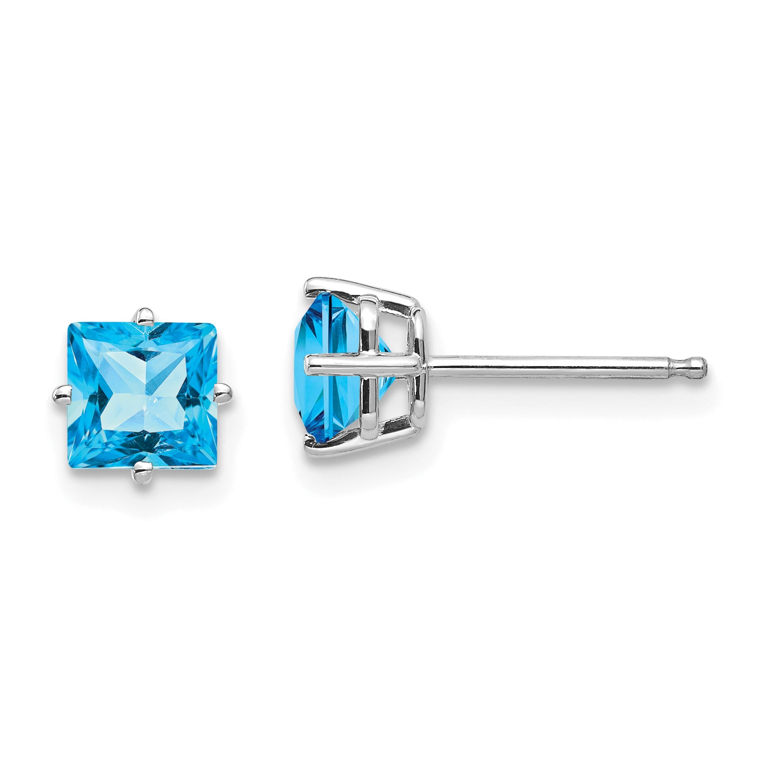 14k White Gold 5mm Princess Cut Blue Topaz Earrings