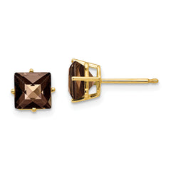 14k 6mm Square Checker-Cut Smoky Quartz Earrings