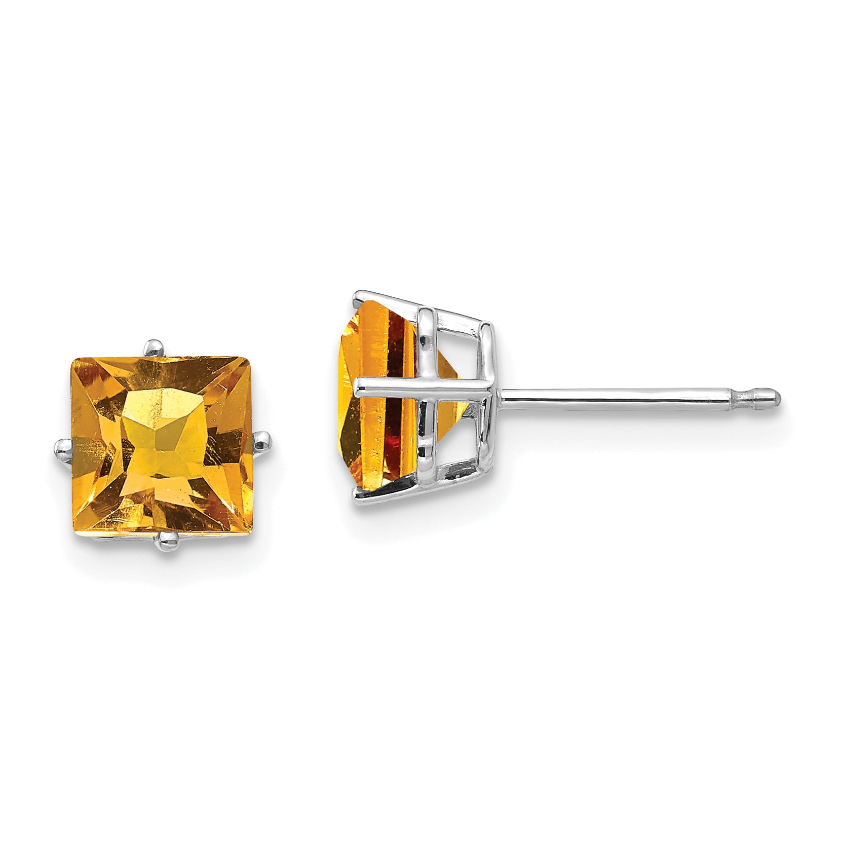 14k White Gold 6mm Princess Cut Citrine Earrings