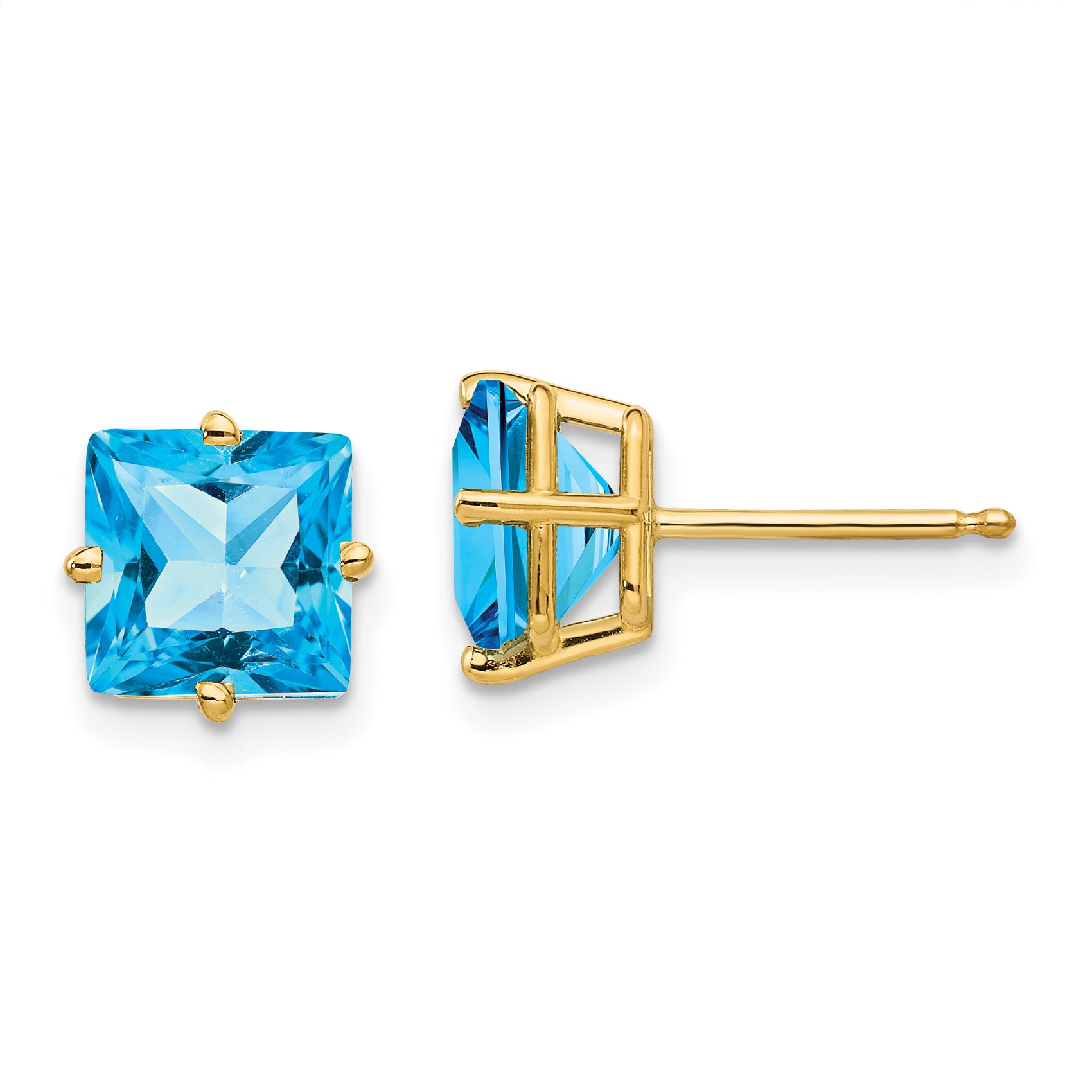 14k 7mm Princess Cut Blue Topaz Earrings