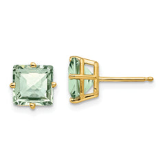 14k 7mm Square Checker-Cut Green Quartz Earrings