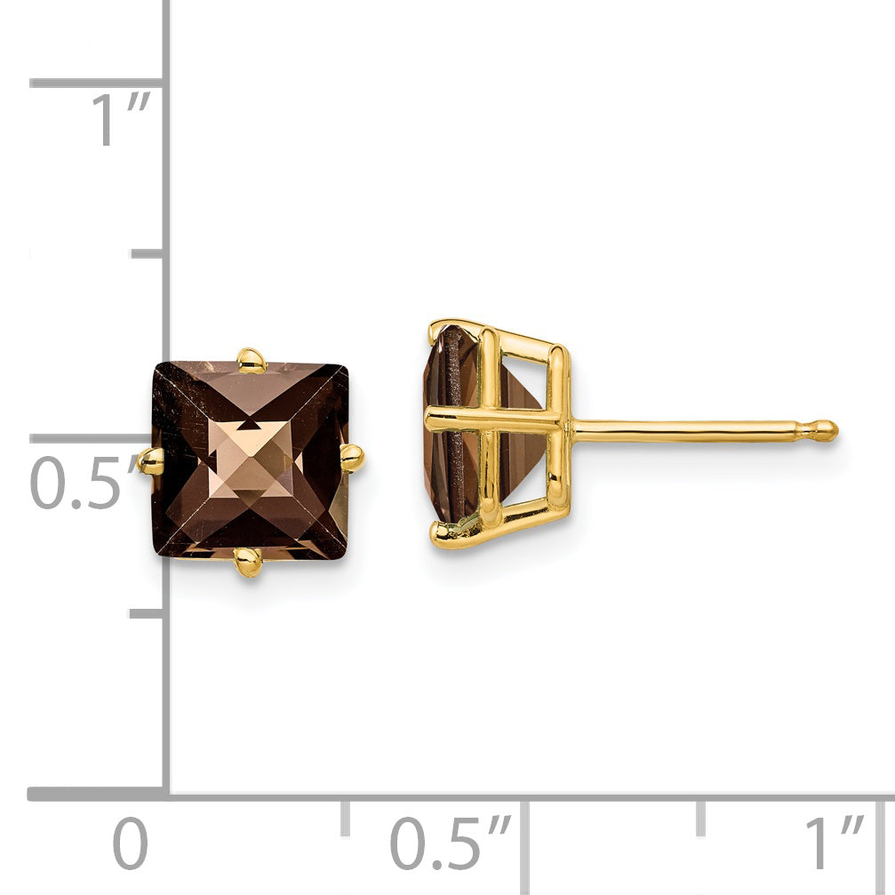 14k 7mm Square Checker-Cut Smoky Quartz Earrings