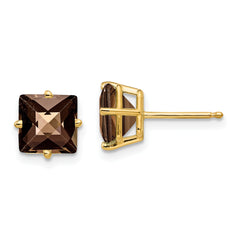 14k 7mm Square Checker-Cut Smoky Quartz Earrings