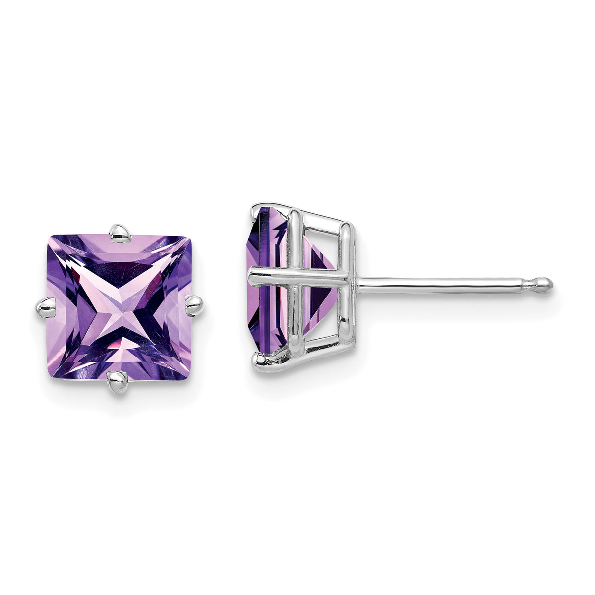 14k White Gold 7mm Princess Cut Amethyst Earrings