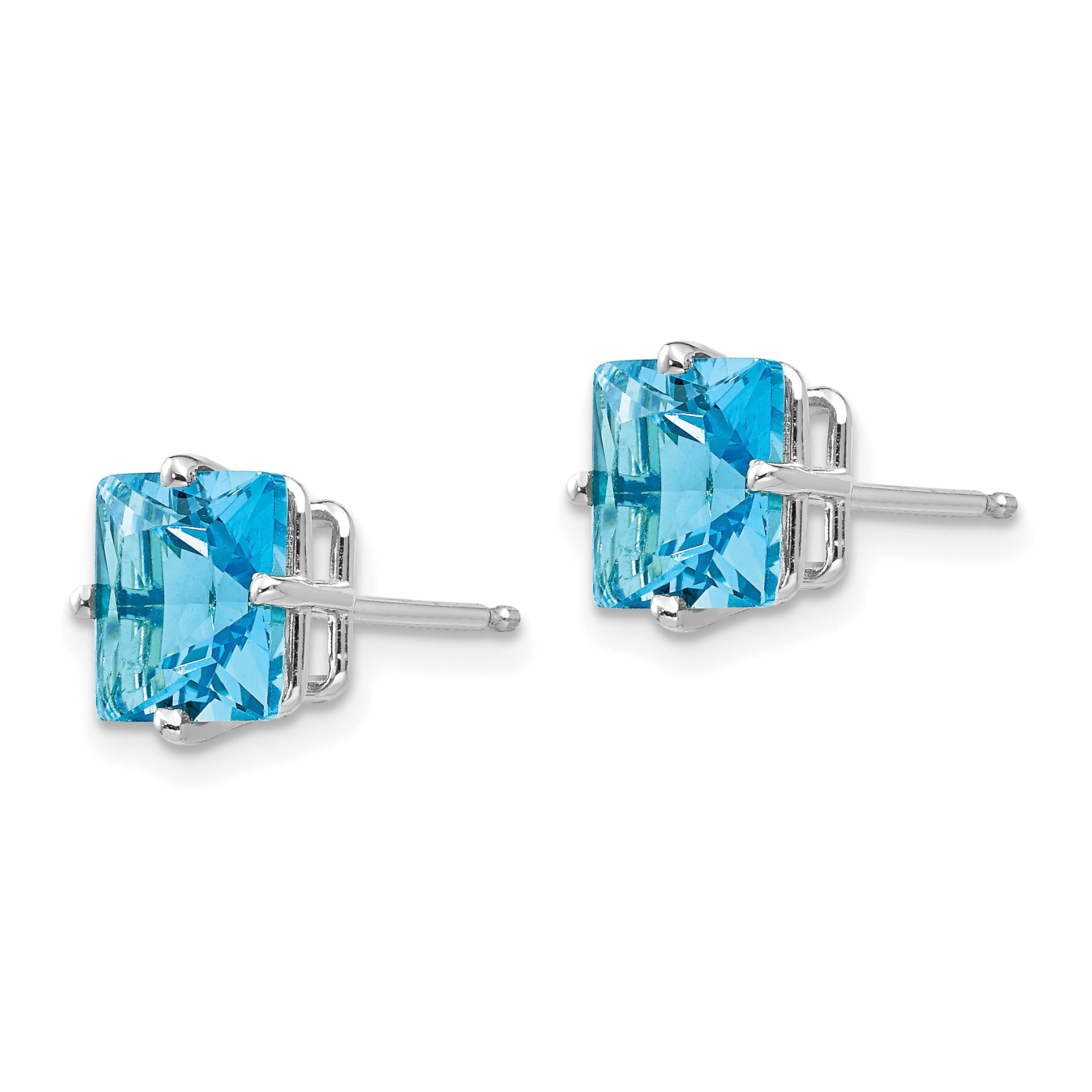 14k White Gold 7mm Princess Cut Blue Topaz Earrings