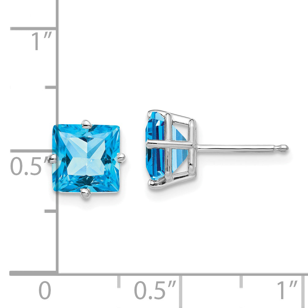 14k White Gold 7mm Princess Cut Blue Topaz Earrings