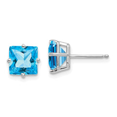 14k White Gold 7mm Princess Cut Blue Topaz Earrings