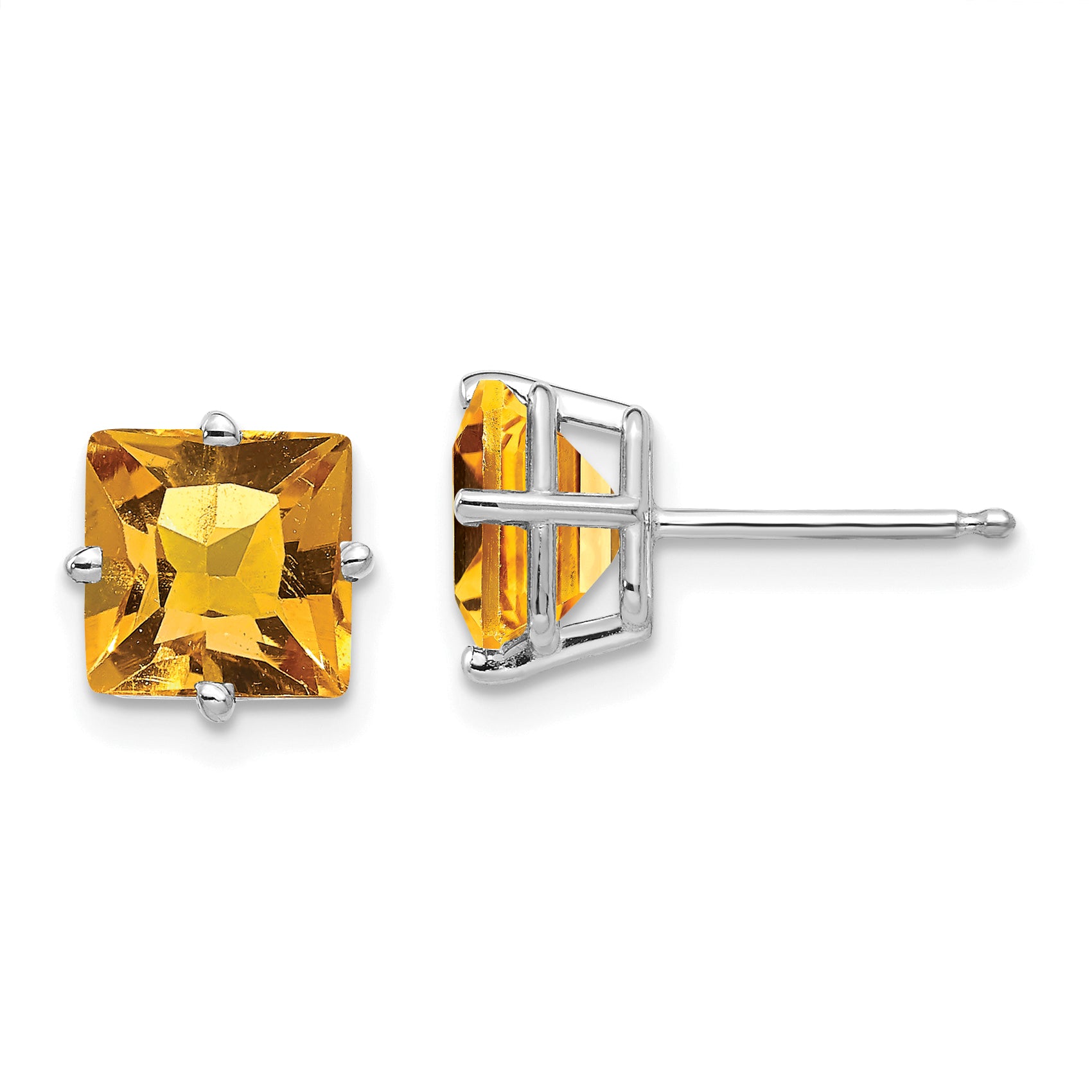 14k White Gold 7mm Princess Cut Citrine Earrings