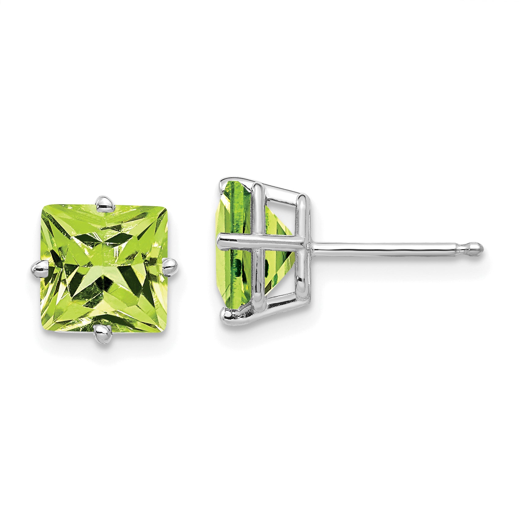 14k White Gold 7mm Princess Cut Peridot Earrings