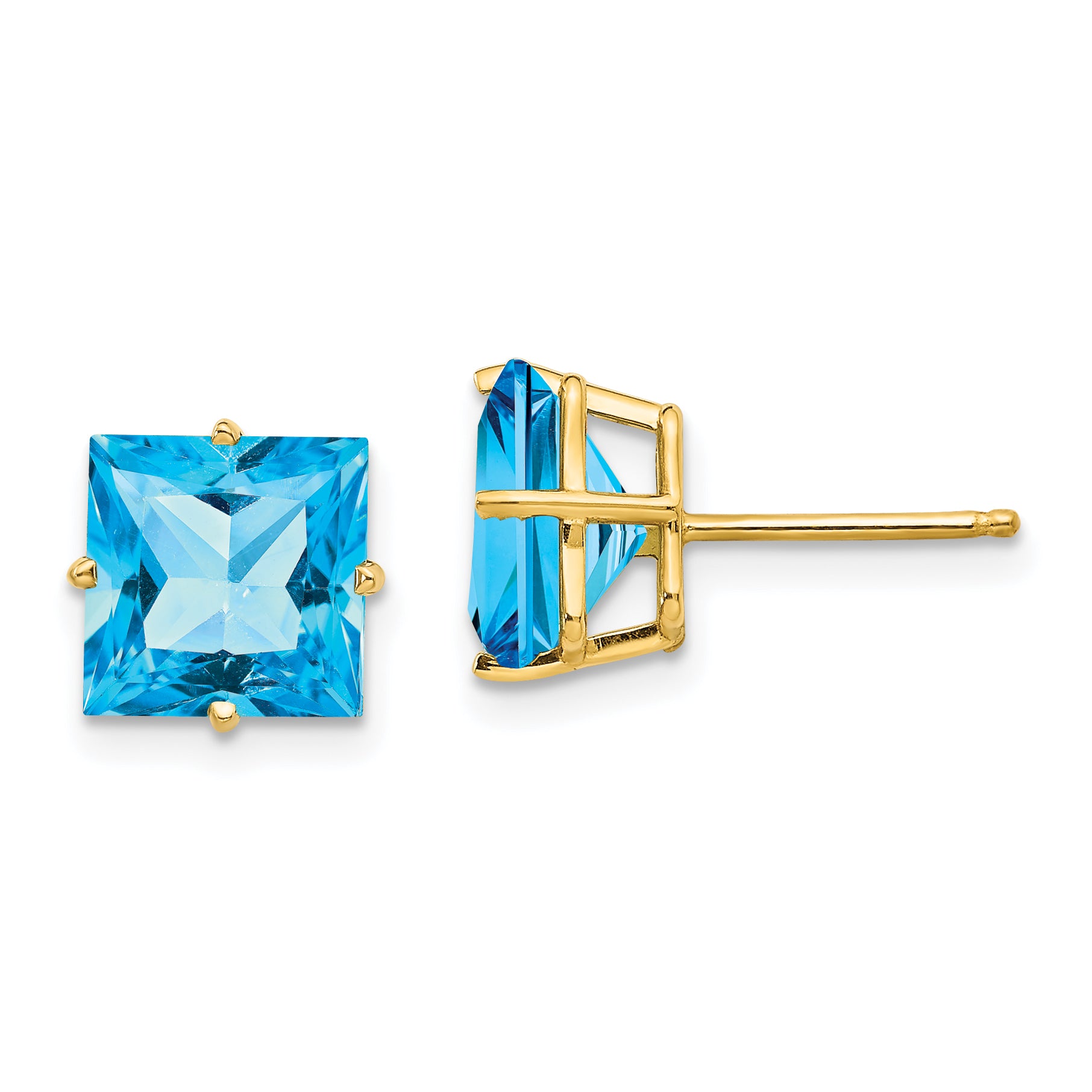 14k 8mm Square Step Cut Blue Topaz Earrings