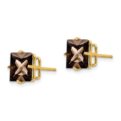 14k 8mm Square Checker-Cut Smoky Quartz Earrings