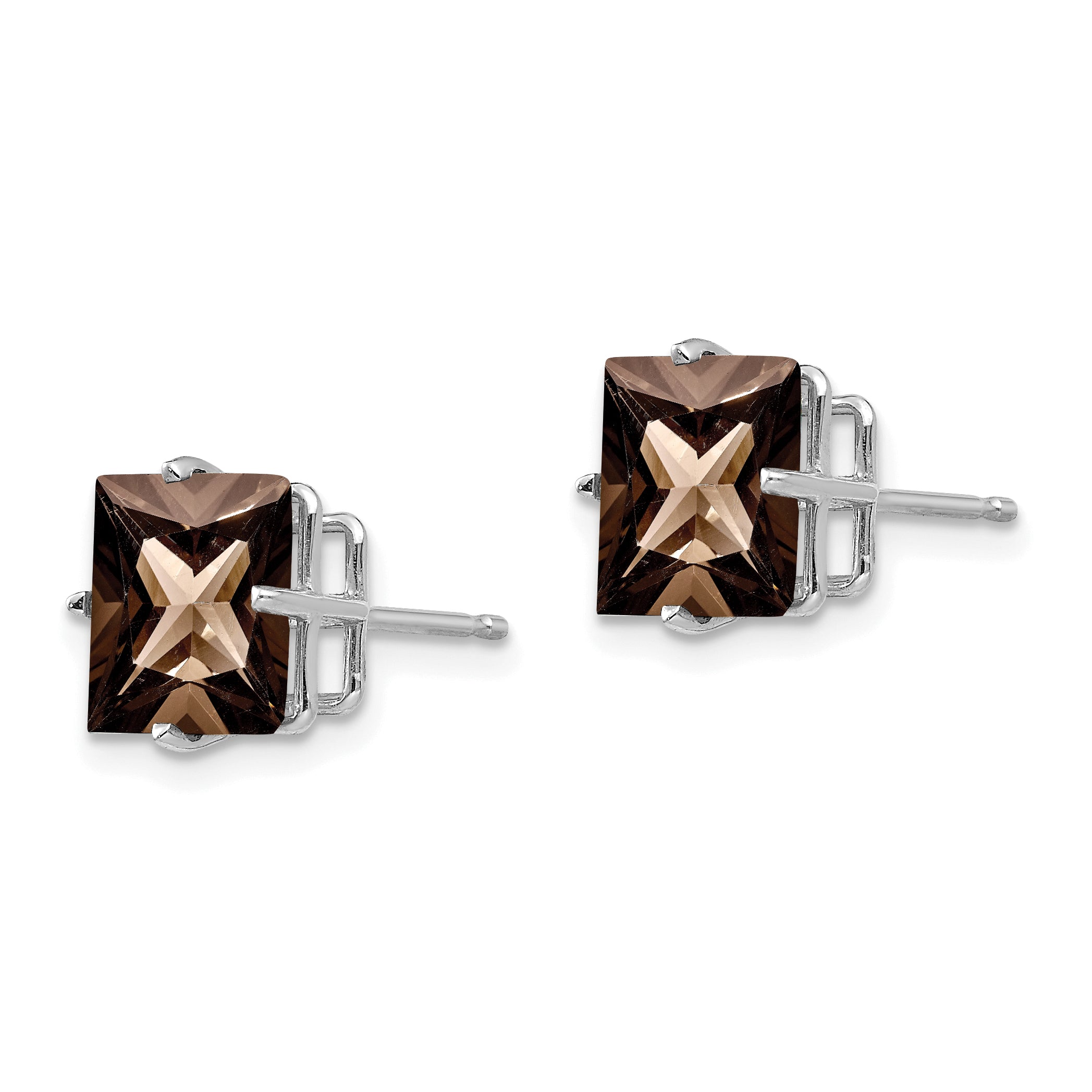 14kw Princess 4-Prong 8.0mm Checker-Cut Smoky Quartz Earrings