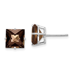 14kw Princess 4-Prong 8.0mm Checker-Cut Smoky Quartz Earrings