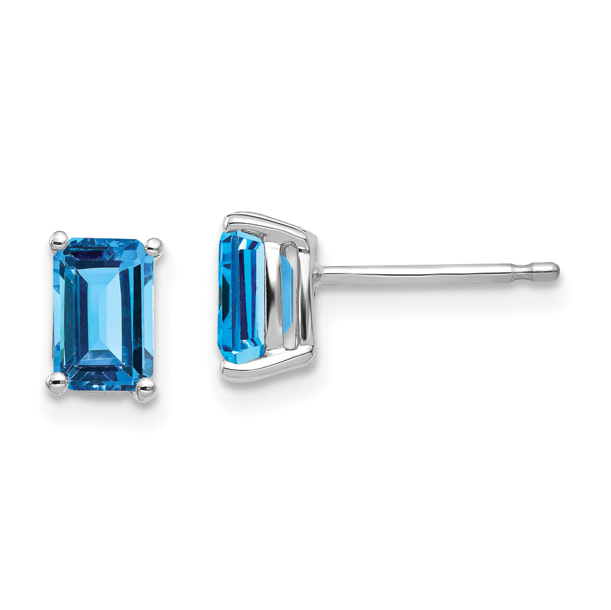 14k White Gold 6x4mm Emerald Cut Blue Topaz Earrings